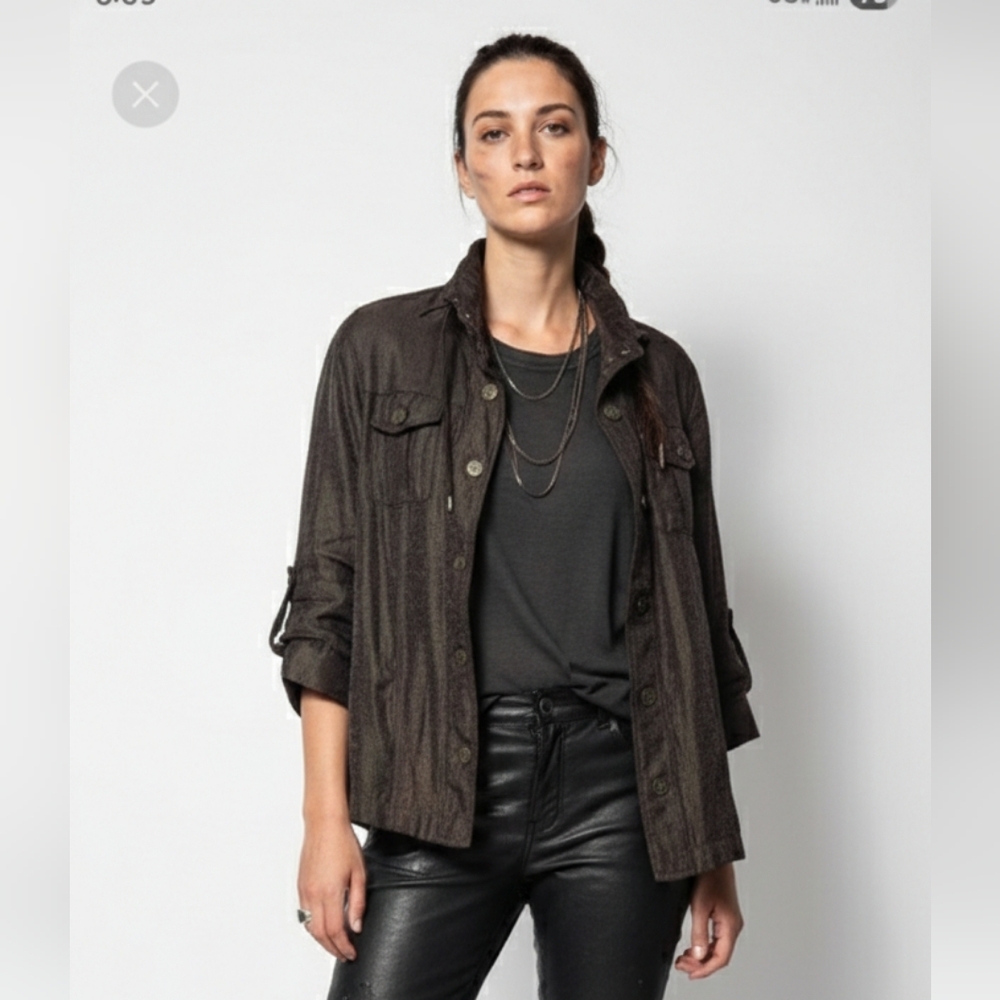 Elementz Brown Mock Neck Roll Tab Jacket Shacket Boho Minimalist PL
